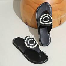 1 par de sandalias de piel con perlas de estilo bohemio, para usar en la playa, primavera/verano