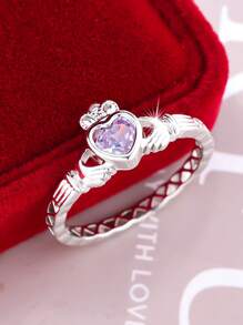 1pc Elegant Sparkling Romantic High-Quality Twelve Zodiac Stone Heart-Shaped Eternal Promise Ring, Suitable For Women, Valentine's Day, Dating, Proposal, Wedding, Anniversary, Everyday Gift