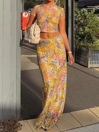 Women Lace Printed Sheer Blouse And High Waist Fitted Long Skirt Set, Elegant Fashion