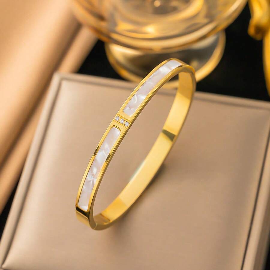 18K Gold Plated Stainless Steel Luxury Colorful Cubic Zirconia Bangle Bracelet, Fashion Jewelry For Women - Gold and White Shell Bracelet - View 1
