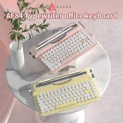 Teclado de película AJAZZ AF84, estilo retro de máquina de escribir steampunk, moldeado por inyección de ABS, 84 teclas con soporte, teclas redondas, teclado inalámbrico Bluetooth de doble modo para oficina, fácil de usar, plug and play, respuesta rápida, baja latencia, teclado de niña de máquina de escribir linda, conexión para tableta