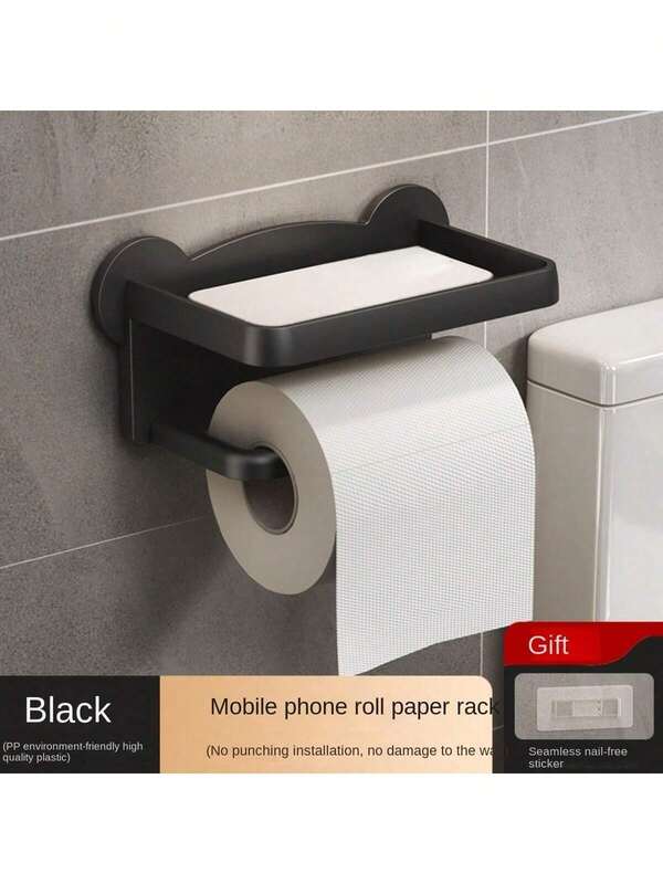 1 Pieza Portarrollo De Papel Para Baño, Dispensador De Toalla De Papel Montado En La Pared, Caja De Papel Higiénico Con Soporte Para Teléfono Para Baño/cocina/dormitorio, Sin Necesidad De Perforar, Ahorro De Espacio, Negro