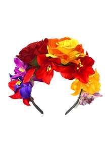 墨西哥亡灵节玫瑰花冠头饰，万圣节派对、海滩派对、舞台表演角色扮演的花卉发饰 - 彩色 - 查看 11