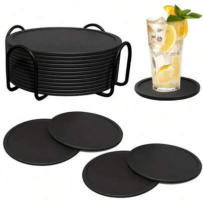 3/6/12 件圆形硅胶杯垫，黑色杯垫，用于吸水带支架饮料硅胶杯垫防滑不粘杯垫用于桌面保护生日乔迁圣诞节父亲节餐垫餐桌厨房配件保护桌垫