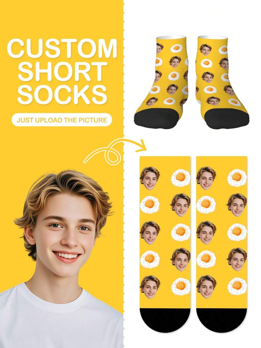 1 Pair Of Printed Socks Men, Custom Personalized Photo, Heat Transfer 360 Degree Print, Personal Face Graphic, Funny Fried Egg Graphic, Premium Summer Socks, Women's Athletic Ankle Socks, Perfect White Socks For Everyday Wear, Makes A Unique Whimsical Gift For Mother's Day, Father's Day And Special Occasions, Black Socks - Multicolor - View 1