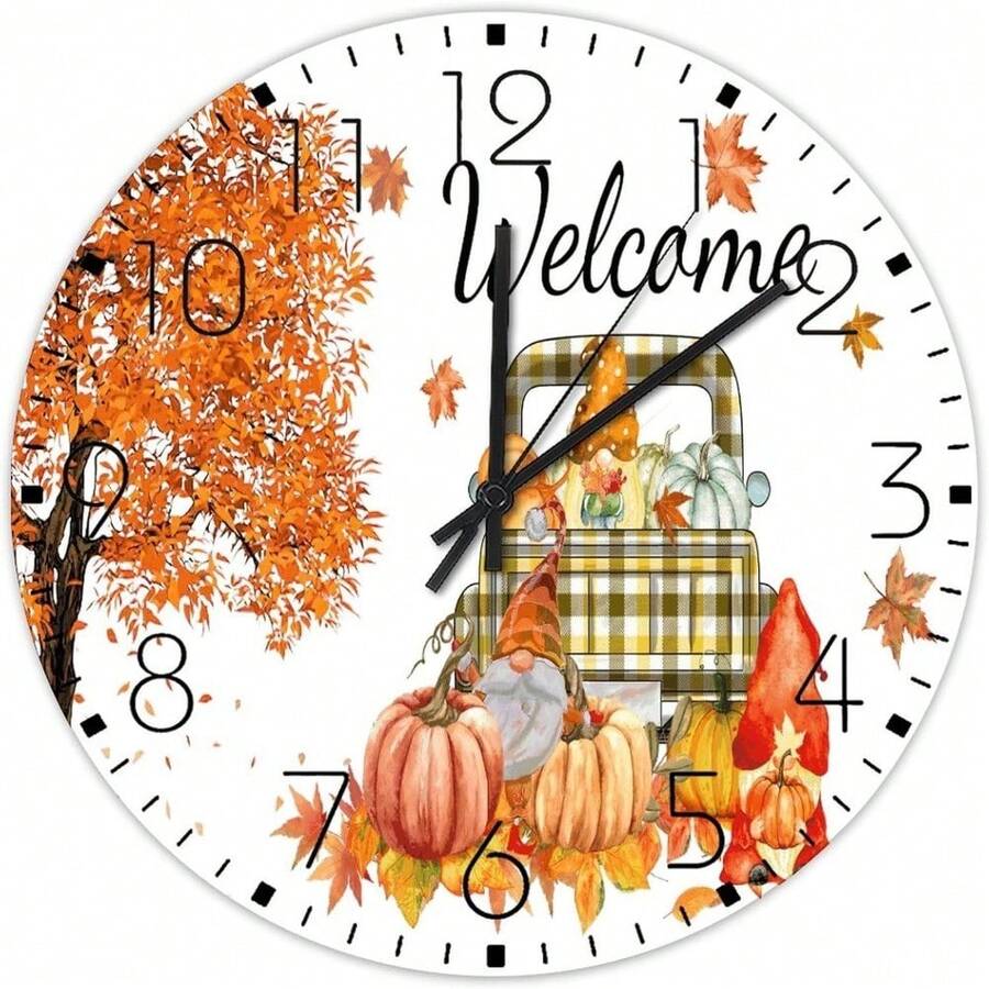 Reloj de pared silencioso de 12 pulgadas, que funciona con batería, con decoración de otoño, calabaza y cosecha, redondeado de madera con estilo vintage para gimnasio, baño o decoración de patio en otoño, Día de Acción de Gracias - Estilo-7 - Ver 1