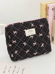 Pink Ribbon Bow Print Cosmetics Organizer Bag Black Makeup Bag Quilted Portable Travel Toiletry Bag With Zipper Large Capacity Makeup Pouch For Travel - Black - View 8