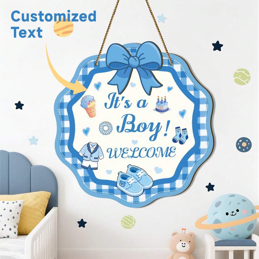 1pc Personalized Wooden Baby Boy Birth Announcement Plaque, Customizable Text And Blessings, Welcome Baby, Newborn Commemoration, Vintage Blue Wooden Wall Art Decor, Perfect For Nursery, Wedding, Birthday And Holiday Decoration, Home Decor - Blue - View 1