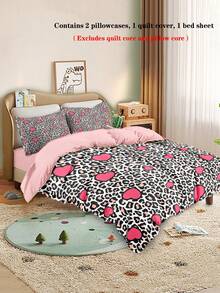 Leopard Print & Heart Themed Kids Single Bedding Set, Including Duvet Cover & Comforter, Soft Comfortable Size 160x240 Cm/220x240 Cm For Girls - JYZ-sJT0414 - View 5