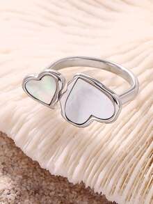 1pc MiDuoDuo Ins Style Natural Shell Heart Print Stainless Steel Minimal Design Women's Accessory Ring - Open Ring - View 5