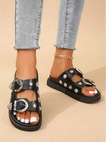 2025 Summer New Fashion Women's Chunky Wedge Heel Sandals With Double Straps,Gold Bat Buckle,And Flower Design Buckle,Round Toe,Open Toe,And Slip-On Style For Casual And Stylish Look. - màu đen - Xem 5