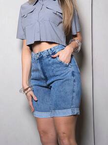 Wide Baggy Bermuda Jeans With Turned Hem - 中藍色 - 查看 3