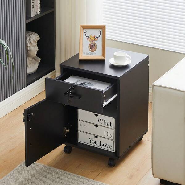 CLIPOP Lockable File Cabinet Wooden Drawer Filing Cabinet With 1 Closed Storage And 4 Rolling Wheels, Home Office Mobile Under Desk Cabinet For A4 Paper,Letters And File Folders