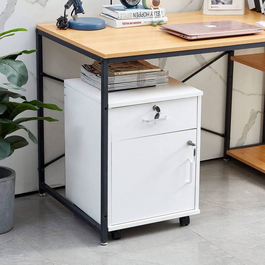 CLIPOP Lockable File Cabinet Wooden Drawer Filing Cabinet With 1 Closed Storage And 4 Rolling Wheels, Home Office Mobile Under Desk Cabinet For A4 Paper,Letters And File Folders - White - View 1