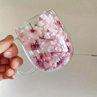 1 pieza Taza de vidrio de doble capa 2025 Nueva, diseño con flor real incorporada, adecuada para taza de café y leche, muy apropiada como regalo de festival, solo se puede lavar a mano, taza para acampar, vajilla de cocina, decoración de Halloween, decoración de cocina, tazas de café