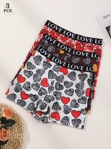 3 PCS Women's Sexy Heart Print Boxer Shorts High Waist Seamless Panties Letter Belt Briefs Tummy Control &Butt Lifter Stretch Sports Underwear