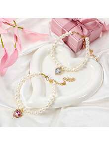 1pc Pearl Necklace Love Cat Pearl Necklace Pet Rhinestone Pendant - Multicolor - View 7
