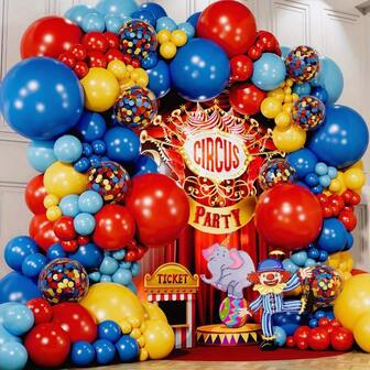115 Circus Balloon Arches Kit - Red, Blue, Yellow Balloons With Rainbow Confetti, Suitable For Carnival, Birthday, Shower, Festival, And Family Party Decoration, Party Decoration Kit | Festival Party Decoration | Colorful Balloon Design, Balloon Decoration