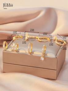 Hihho 8pcs/Set New Fashion Classic Floral Design Round Drop Earrings Paired With Elegant Single Row Zirconia Hoop Earrings, Sparkling Zirconia Embellished, Women Jewelry, Suitable For Daily Wear, Holiday Party Gifts - Yellow Gold - View 5