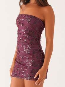 Women Sparkly Beaded Floral Tube Top Dress Slim Off Shoulder Sleeveless Open Back Sequin Mini Bodycon Dress