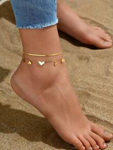 1pc Fashion Double Layer Heart-Shaped Shell Chain Stainless Steel Anklet, Elegant French Sweet Beach Party Celebration Sexy Foot Jewelry Accessory For Women