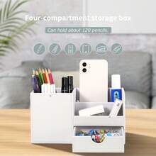 Black Multi-Functional Pen Holder With Drawer, PU Leather Stationery Storage Box, Back To School