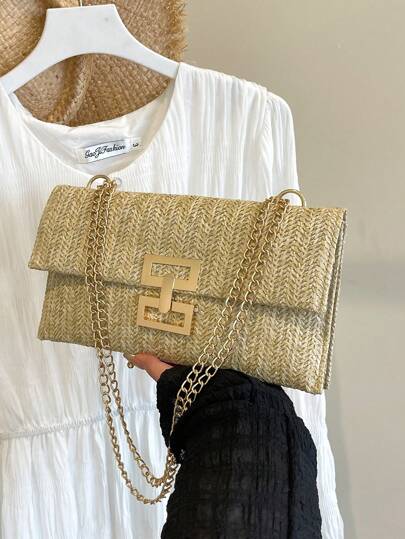 1 قطعة حقيبة صغيرة بمشبك بسيطة ، حقيبة كلاتش بنسيج قش نسيج عتيق بسيط، حقيبة كروس على شكل مظروف للمناسبات الأنيقة للنساء ، حقيبة صغيرة متعددة الاستخدامات بمشبك، حقيبة شاطئ