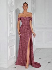 ADYCE 闪亮心形领口褶皱腰身长款缎面系带前开衩露背派对礼服，亮片圣诞派对正式礼服