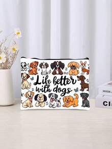 1pc "Life Is Better With Dogs" Cosmetic Bag - Ideal Gift For Dog Moms, Best Friends & Pet Lovers - Lightweight, Foldable, Stain-Resistant Fabric Makeup Pouch With Zipper Closure, Cream Background & Playful Dog Illustrations, Cute Dog Accessories,Christmas Gift - Multicolor - View 3