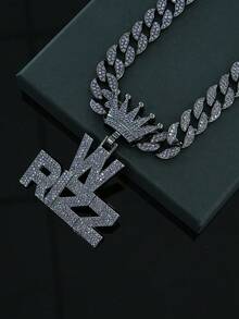 Funky Rizz Letter Pendant Necklace With Cuban Chain - Hip Hop Style Crown Clasp, Zinc Alloy & Rhinestone Accents For Men - W RIZZ Pendant Necklace - View 11