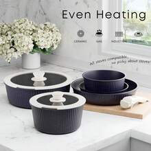 RIOVARM Induction Pots And Pans Set With Removable Handles, Non-Stick Granite Stackable Cookware Set With Silicone Lids, Space-Saving Pot & Pan Sets Without, Frying Pan, Casseroles - Navy Blue - View 3