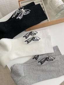 1 Pair Women's Korean Style Socks With Embroidered Bow & Pearl Decor, Fashion Sweet & Cute