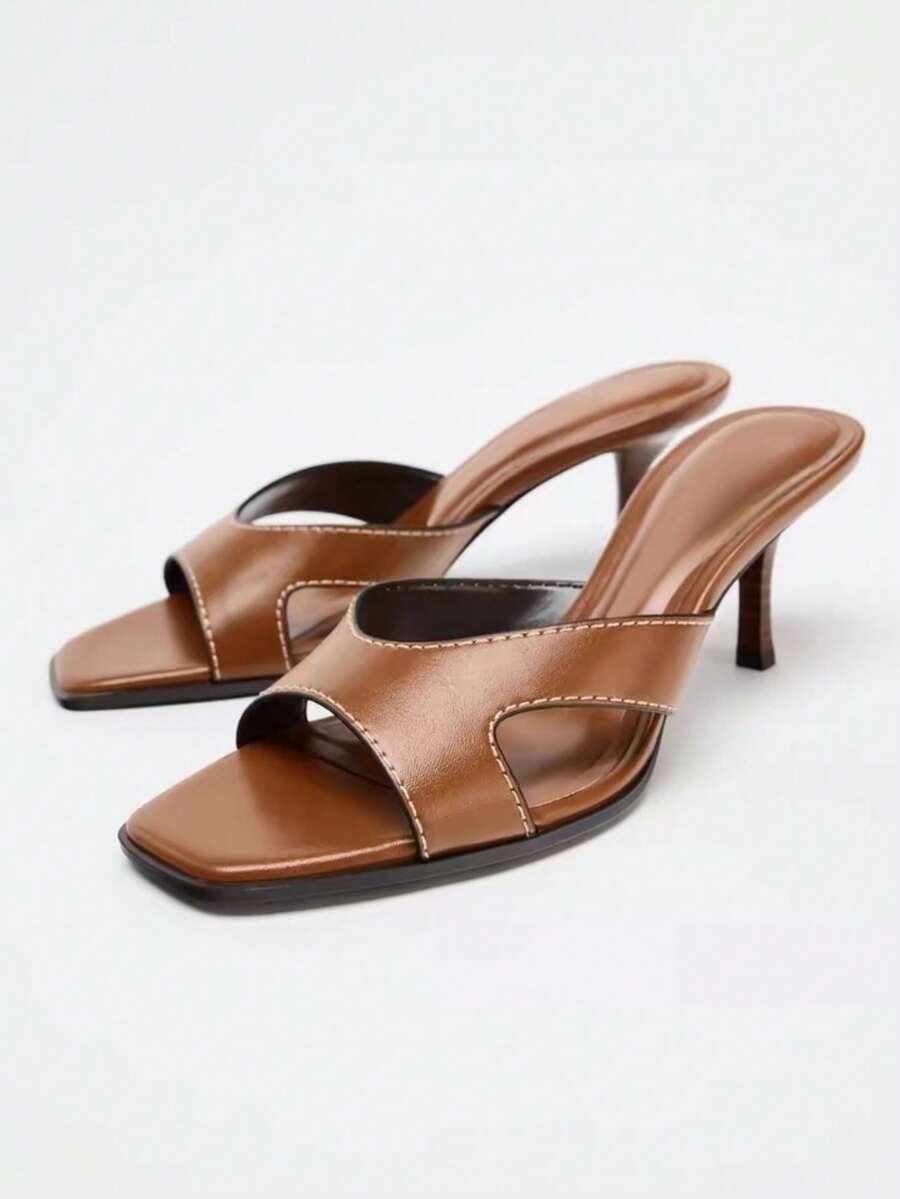 Women's Mule Style Plastic Square Toe High Heel Sandals, New Arrival Summer - Brown - View 1