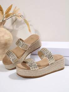 Fashion Woven Slide Sandals, Strap High Heel Roman Bohemian Summer Slip-On Slippers