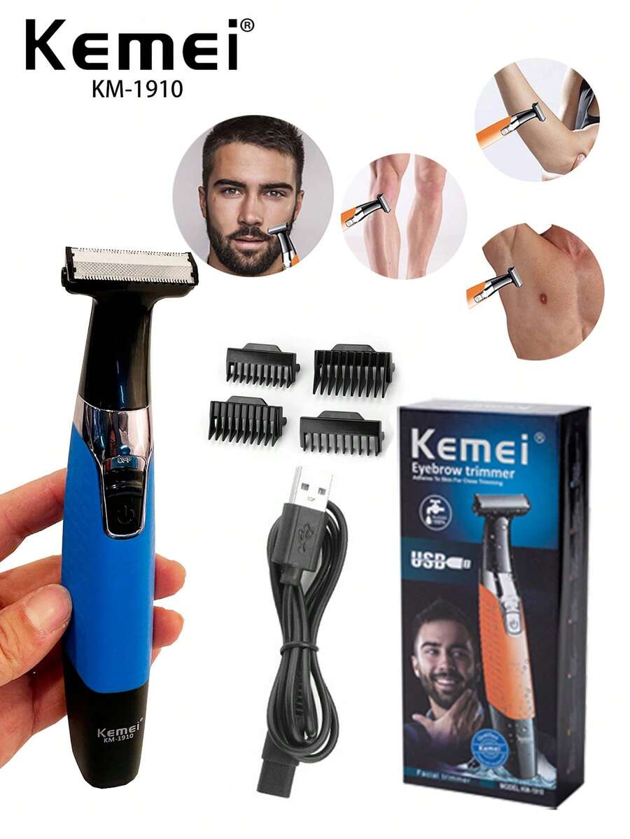 Kemei KM-1910 Washable Electric Shaver For Men Beard Face Sideburn Hair Trimmer USB Rechargeable Razor Painless Fast Remove Beard Clean Whole Family Home Use Eyebrow Hair Trimmer Blue Color Gift For Father - Màu xanh lam - Xem 1