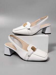 Vintage French Solid Color Fashion Office/Commute Thick Heel Metal Buckle High Heels, New Summer Dating/Home Open Toe High Heels For Women, Party/Home Backless Elegant Charming High Heels, Square Toe Pumps, Square Toe Sandals Wide Fit - White - View 3