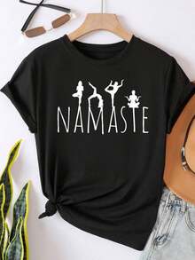 100% Cotton Namaste Yoga Poses Zen Fitness Women Workout Wear T-Shirt - 黑色 - 查看 1