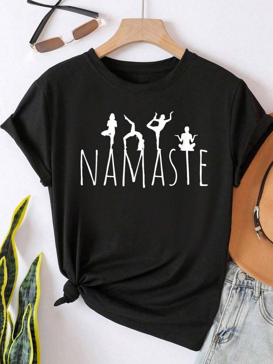 100% Cotton Namaste Yoga Poses Zen Fitness Women Workout Wear T-Shirt - 黑色 - 查看 1