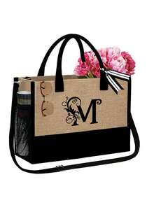 Black Khaki Patchwork Tote Bag Set, Black Vines Wrapped Around The Initial Letters A-Z, With The Same Series Of Color Block Makeup Storage Bag, Toiletry Bag, Wallet, Personalized Gift Bag, Fashionable Personalized Tote Bag - Khaki - View 48