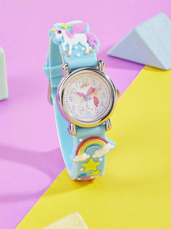 1pc 3D Holographic Rainbow Unicorn Quartz Watch, Fashionable Elegant Sweet For Middle/High School Students And Teenagers