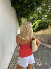 1 pezzo Canotta donna casual senza maniche con balze sul fondo, elegante canotta minimalista francese in colore bianco tinta unita, adatta per vacanze e quotidiano, con spalline e incrocio sulla schiena, stile sexy Y2K, adatta per primavera, estate, autunno