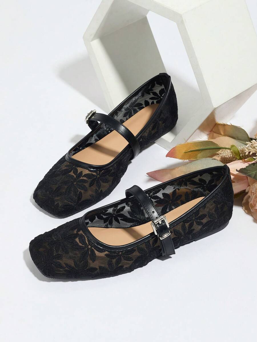 Women's Black Flat Ballerina Shoes With Flower Embroidery, Breathable Hollow Out Mesh Summer Sandals, Wide Toe Box For Comfort, Mary Jane Style