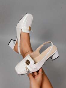 Vintage French Solid Color Fashion Office/Commute Thick Heel Metal Buckle High Heels, New Summer Dating/Home Open Toe High Heels For Women, Party/Home Backless Elegant Charming High Heels, Square Toe Pumps, Square Toe Sandals Wide Fit - White - View 2