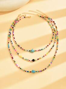 3 Stücke/Set Boho Sommer Urlaubsstil Perlen, Glassee-Stern Anhänger mehrschichtiges Perlenkette, geeignet für Frauen Strandurlaub