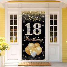 1 pièce Décorations pour les 16e, 18e et 21e anniversaires - Décorations de fête noires et dorées avec bannière de porte, panneau de pelouse et toile de fond pour photo - Fournitures de fête d'anniversaire de 18 ans pour les adolescents