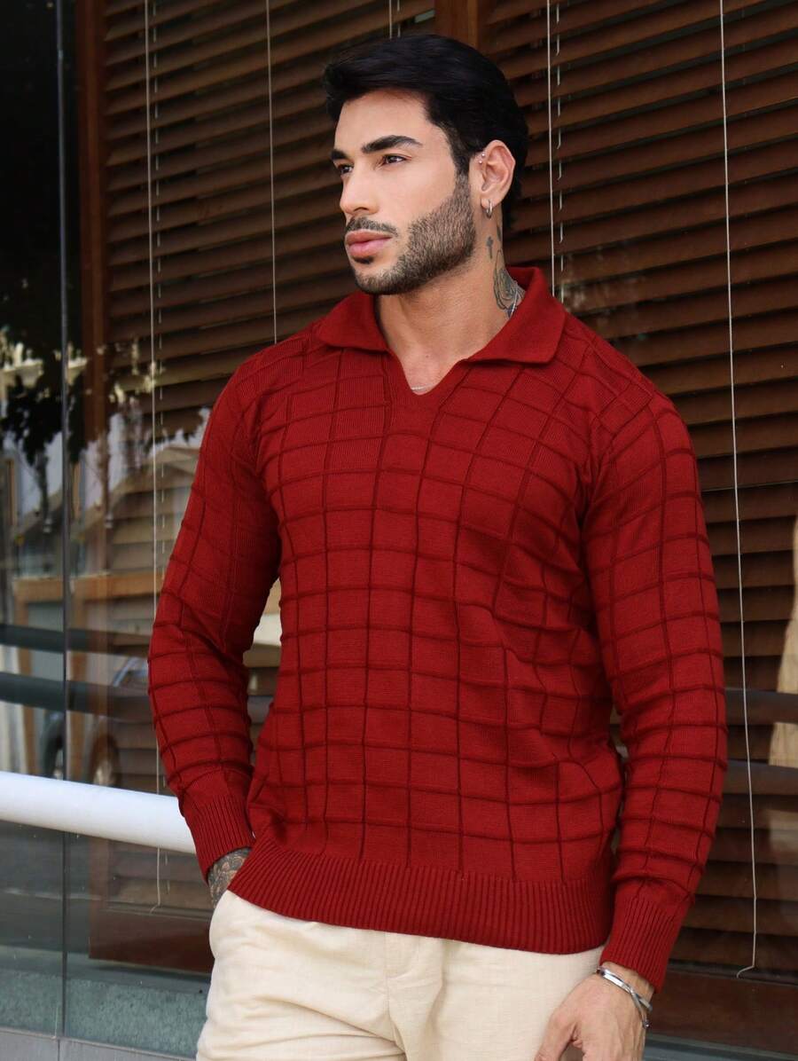 TRICOT DE LUXO Knitted Sweater Men's Cold Weather Polo Collar Detailed Chic High Quality Autumn Winter Long Sleeve - 紅色 - 查看 1