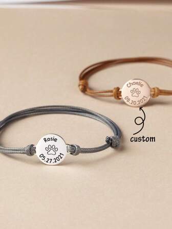 Custom Pet Name Bracelet For Women Personalized Pet Stainless Steel Adjustable Rope Round Bracelet Gift Jewelry