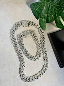Set de 2 piezas: Collar de cadena cubana de alta gama con rhinestones y pulsera a juego, diseño unisex de hip hop, adecuado para el Día de la Madre, el Día del Padre, San Valentín, citas, bodas y uso diario