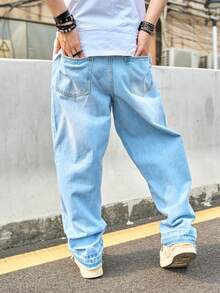 Men's Light Blue Slim-Fit Straight-Leg Y2K Style Casual Jeans - Mint Blue - View 2