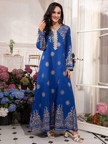Floral Print Embroidered Tape Arabic Maxi Dress, Blue, Wedding/Holiday/Daily Wear, Spring/Summer 2025 - Blue - View 3